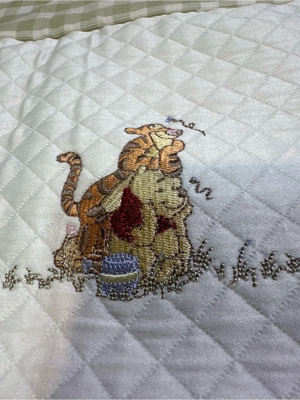 Quilted Winnie the Pooh patchwork window valances  in White and Sage Green